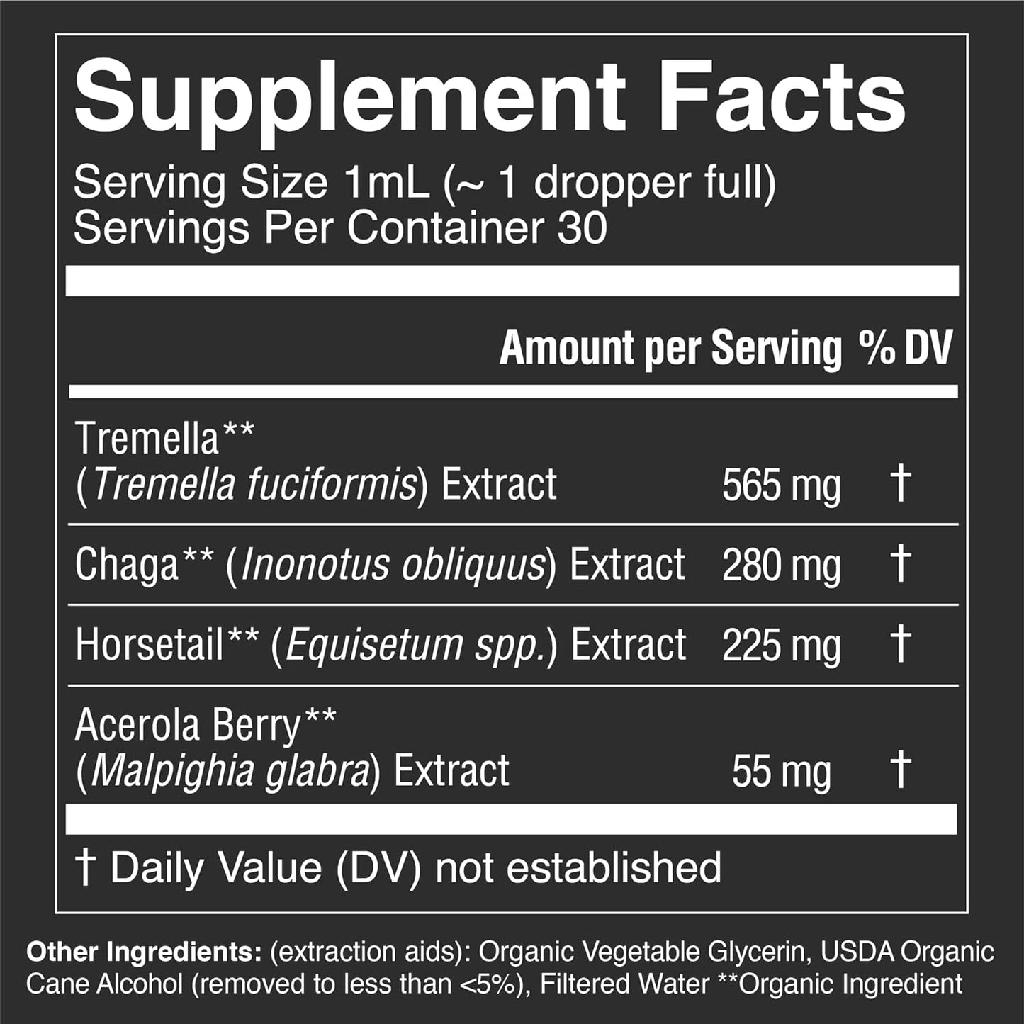 Organic Mushroom Beauty Elixir with Tremella & Chaga Extract - Liquid Drops for Radiant Skin, Hair & Nails - 30 Servings, 1 fl oz