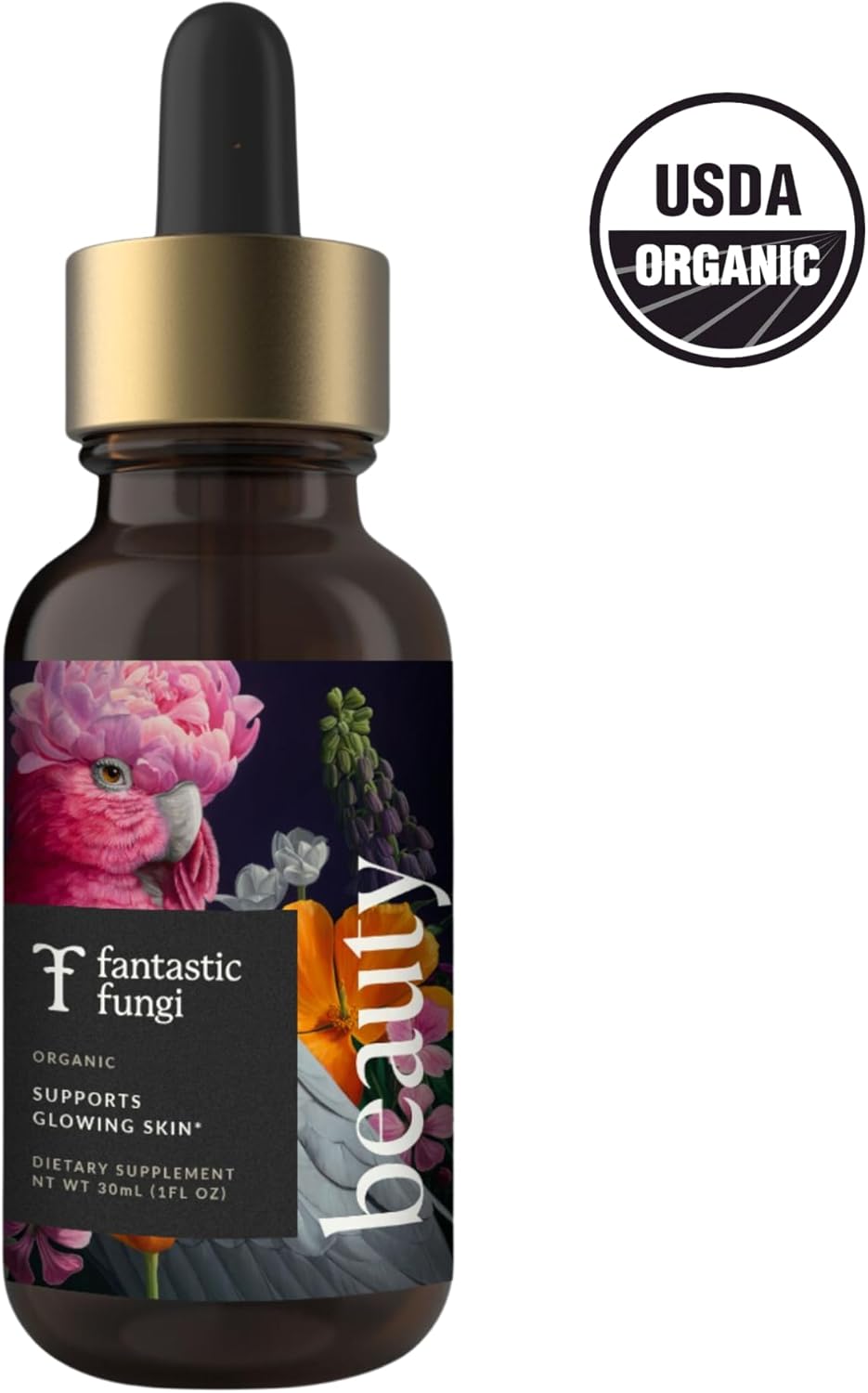 Organic Mushroom Beauty Elixir with Tremella & Chaga Extract - Liquid Drops for Radiant Skin, Hair & Nails - 30 Servings, 1 fl oz