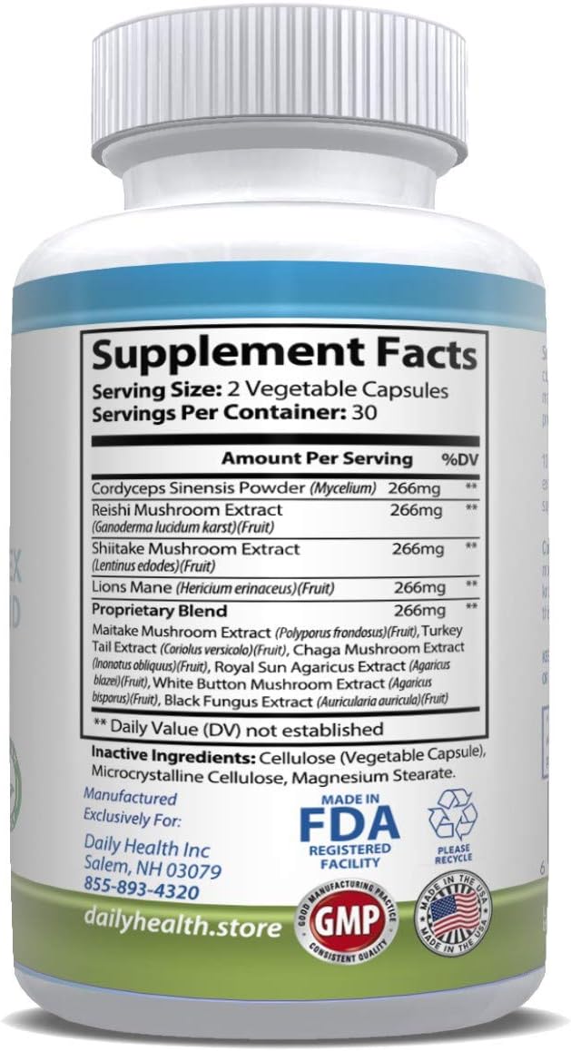 Organic Mushroom Blend Complex Capsules - 10 Varieties - Vegan Friendly - 60 Count - 30 Day Supply