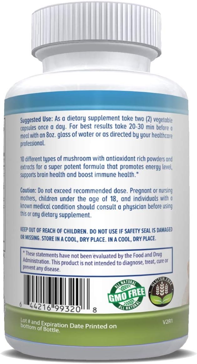 Organic Mushroom Blend Complex Capsules - 10 Varieties - Vegan Friendly - 60 Count - 30 Day Supply