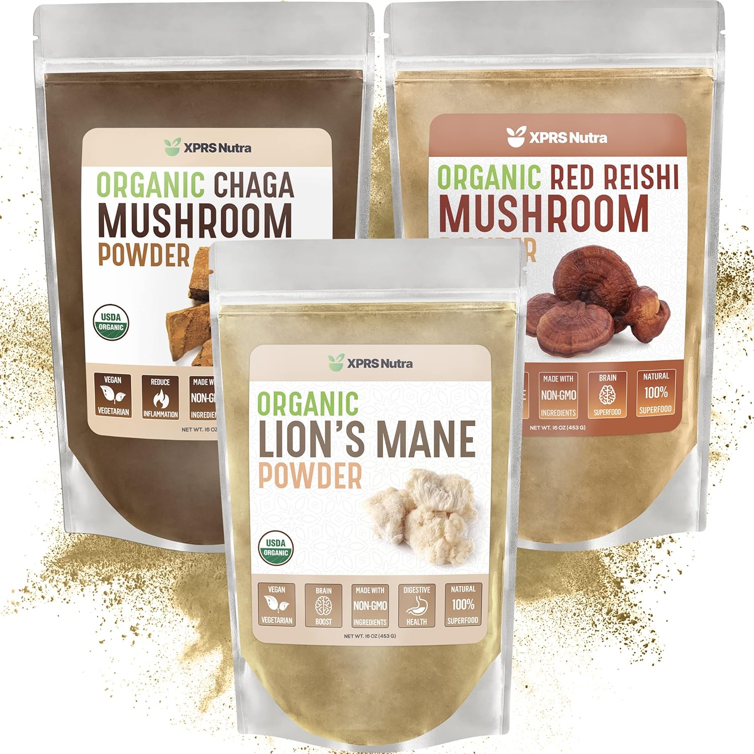 Organic Mushroom Bundle with Lion's Mane, Chaga, and Red Reishi Mushrooms - XPRS Nutra (16 oz Each)