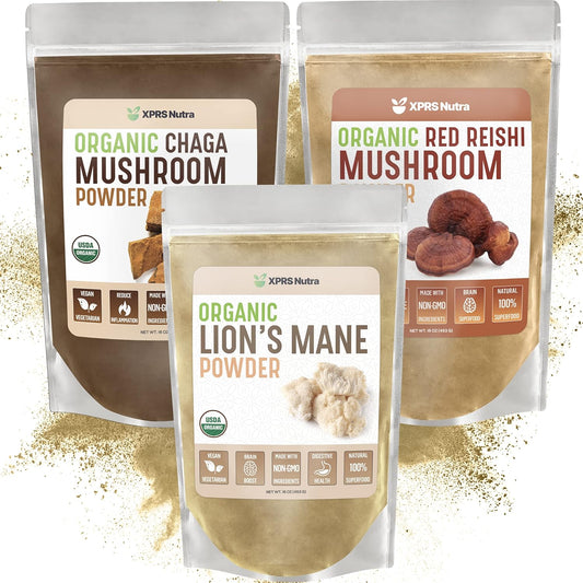 Organic Mushroom Bundle with Lion's Mane, Chaga, and Red Reishi Mushrooms - XPRS Nutra (16 oz Each)