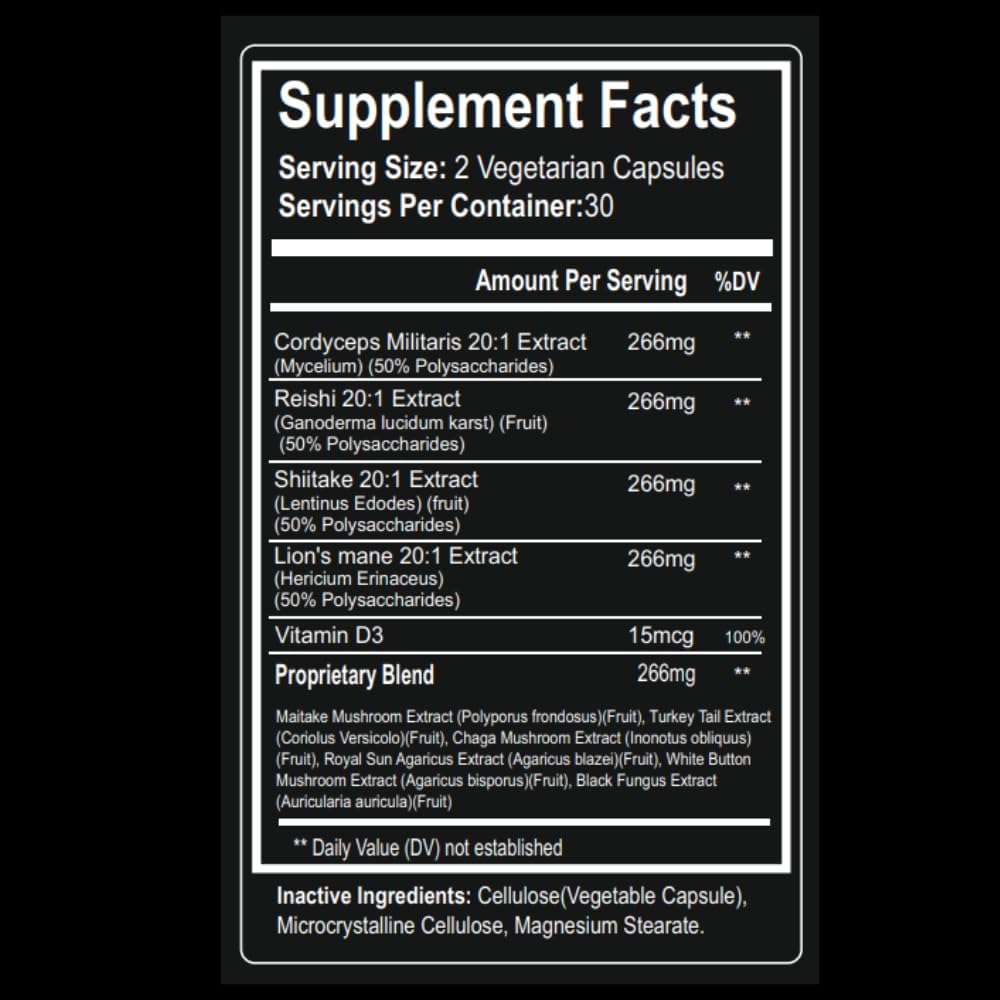 Organic Mushroom Capsules - Lion's Mane, Cordyceps, Reishi Blend, 30 Day Supply