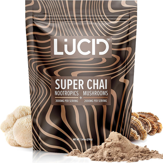 Organic Mushroom Chai with Nootropics for Brain Health - Lion's Mane, Tremella, Cordyceps, Turkey Tail - Instant Focus Blend with Alpha GPC, L-Theanine, Ginko Biloba - USA-Made