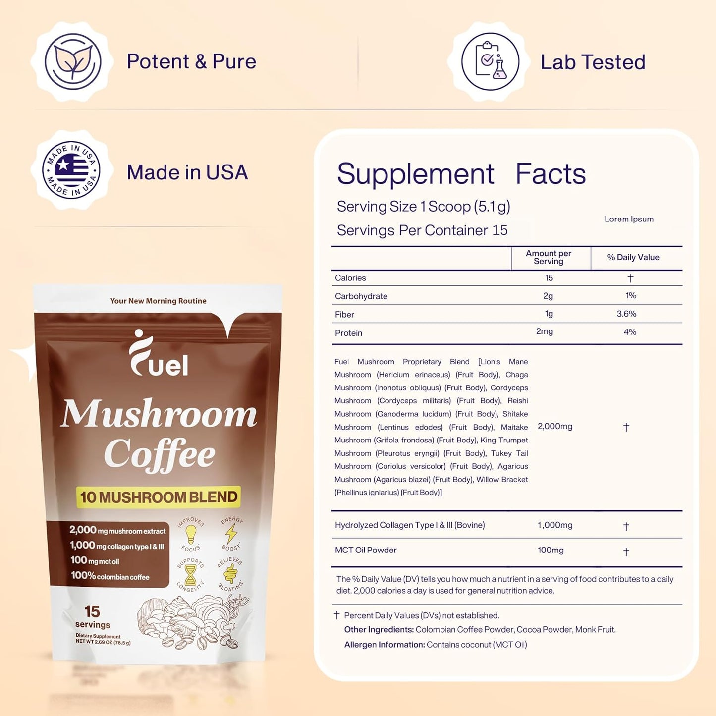 Organic Mushroom Coffee Blend for Gut Health & Brain Boost - Lion's Mane, Chaga, Nootropic Drink