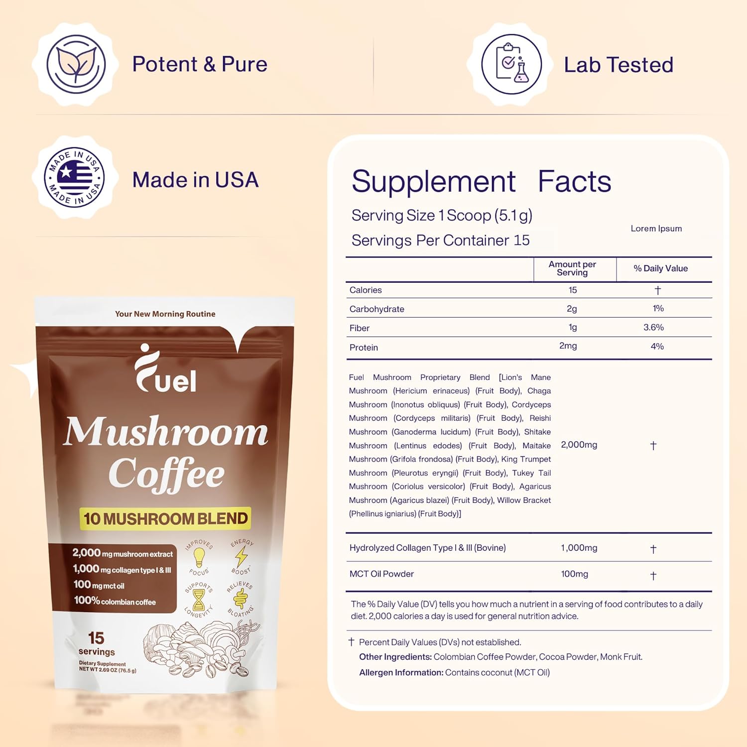 Organic Mushroom Coffee Blend for Gut Health & Brain Boost - Lion's Mane, Chaga, Nootropic Drink