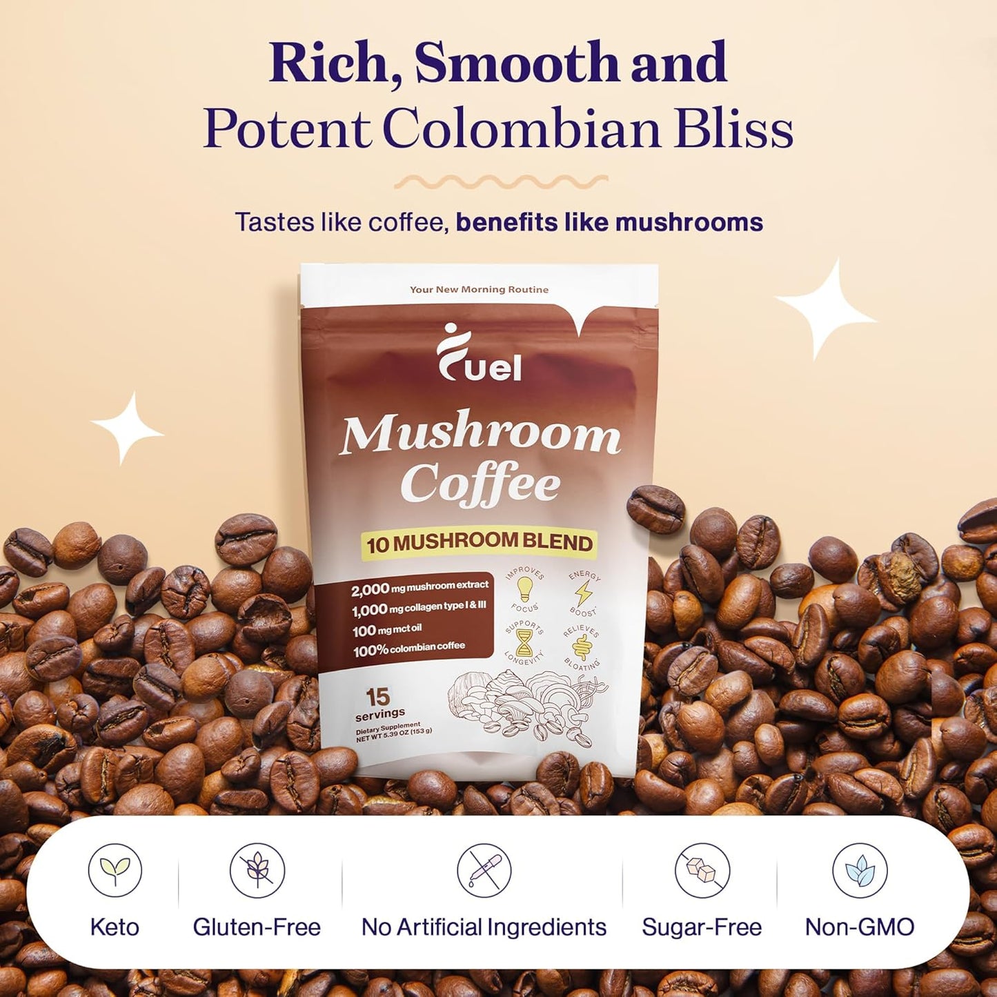 Organic Mushroom Coffee Blend for Gut Health & Brain Boost - Lion's Mane, Chaga, Nootropic Drink