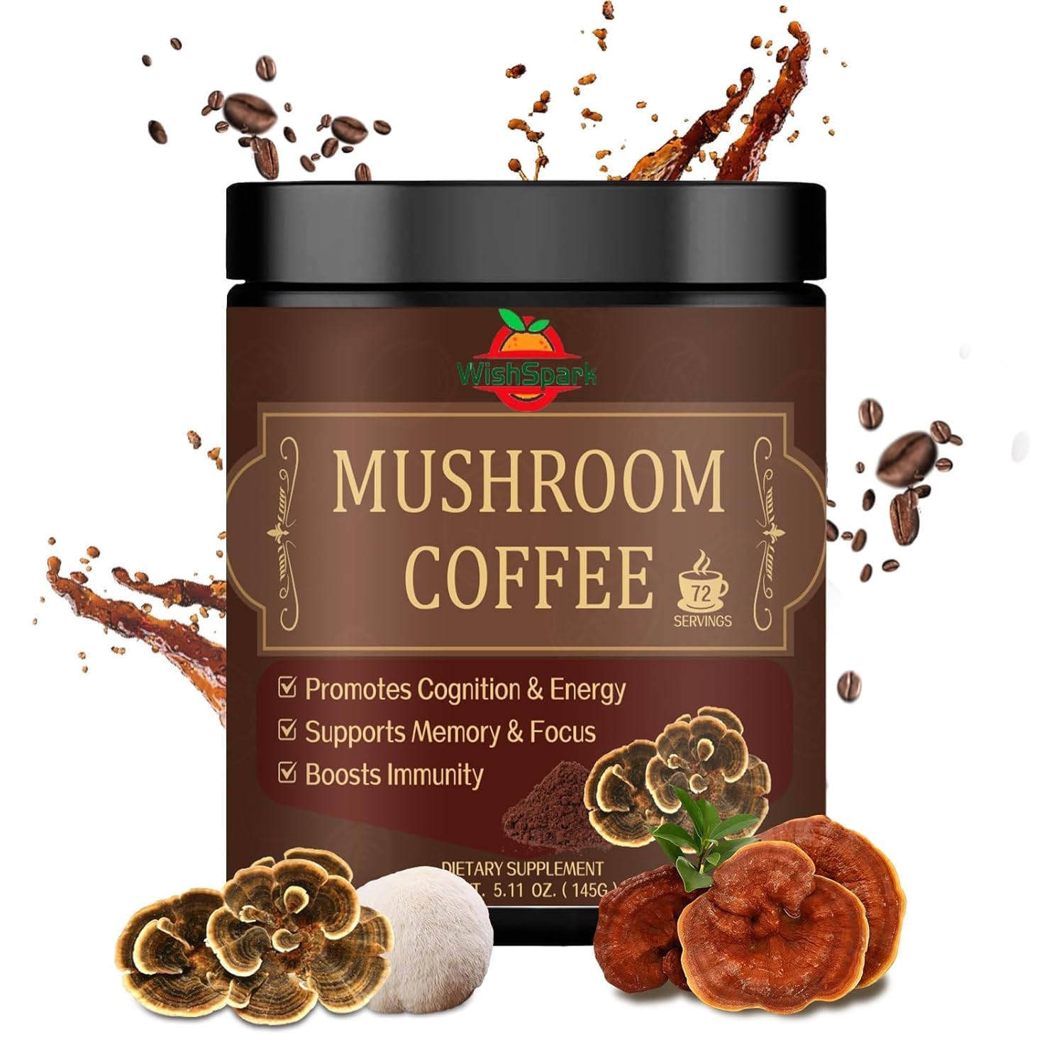 Organic Mushroom Coffee Blend with Lion's Mane, Reishi, Cordyceps, Chaga & Turkey Tail - Gut Health, Immunity & Brain Boost - 5.11 oz