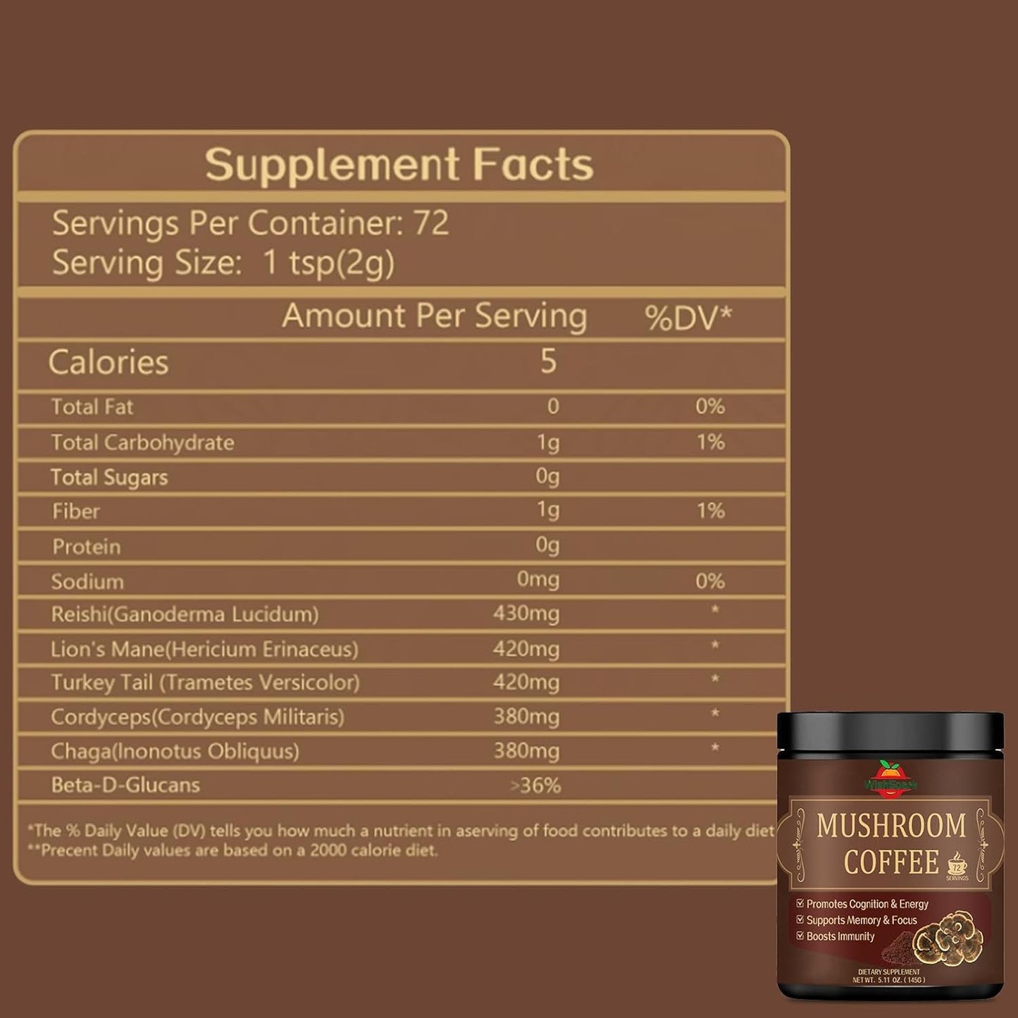 Organic Mushroom Coffee Blend with Lion's Mane, Reishi, Cordyceps, Chaga & Turkey Tail - Gut Health, Immunity & Brain Boost - 5.11 oz