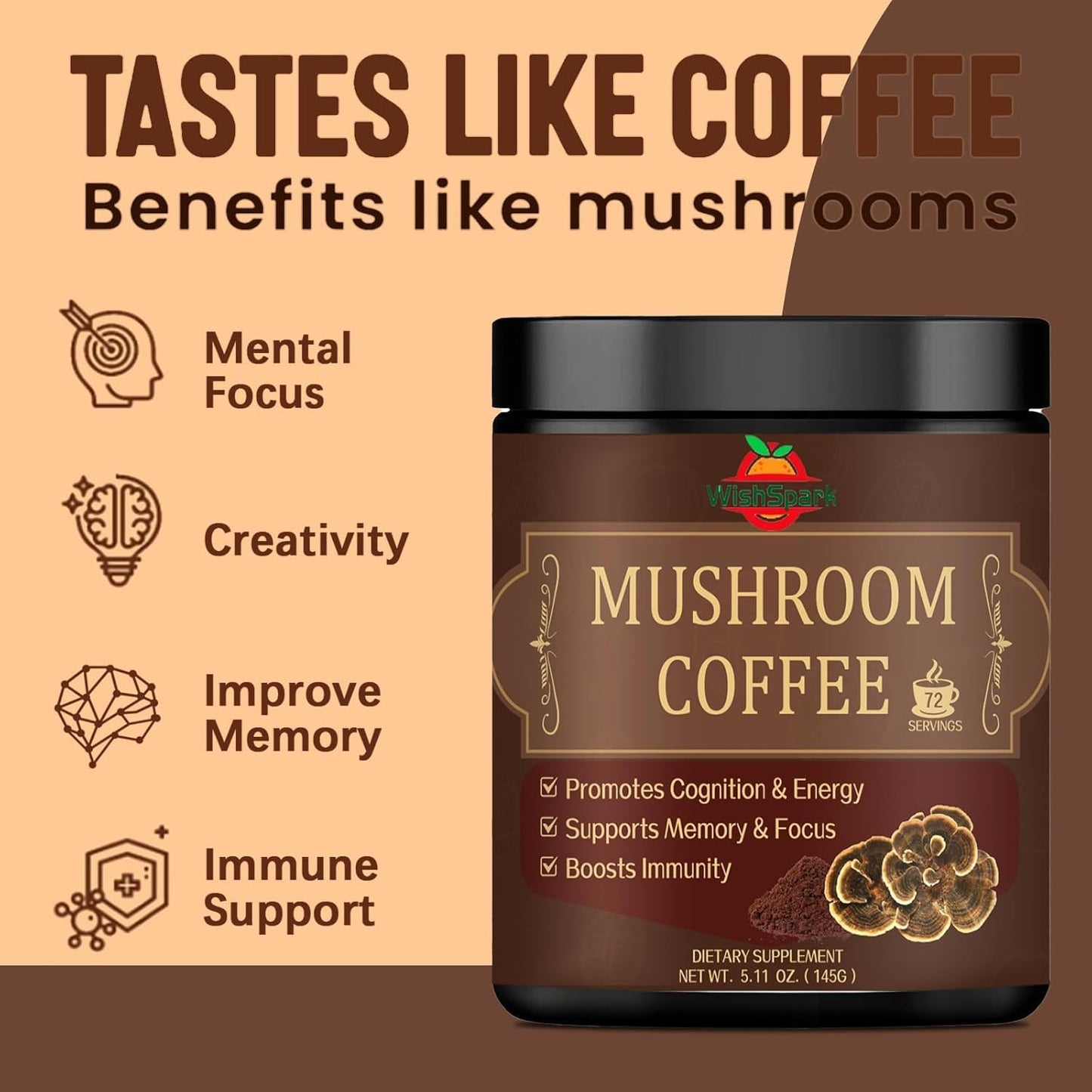 Organic Mushroom Coffee Blend with Lion's Mane, Reishi, Cordyceps, Chaga & Turkey Tail - Gut Health, Immunity & Brain Boost - 5.11 oz