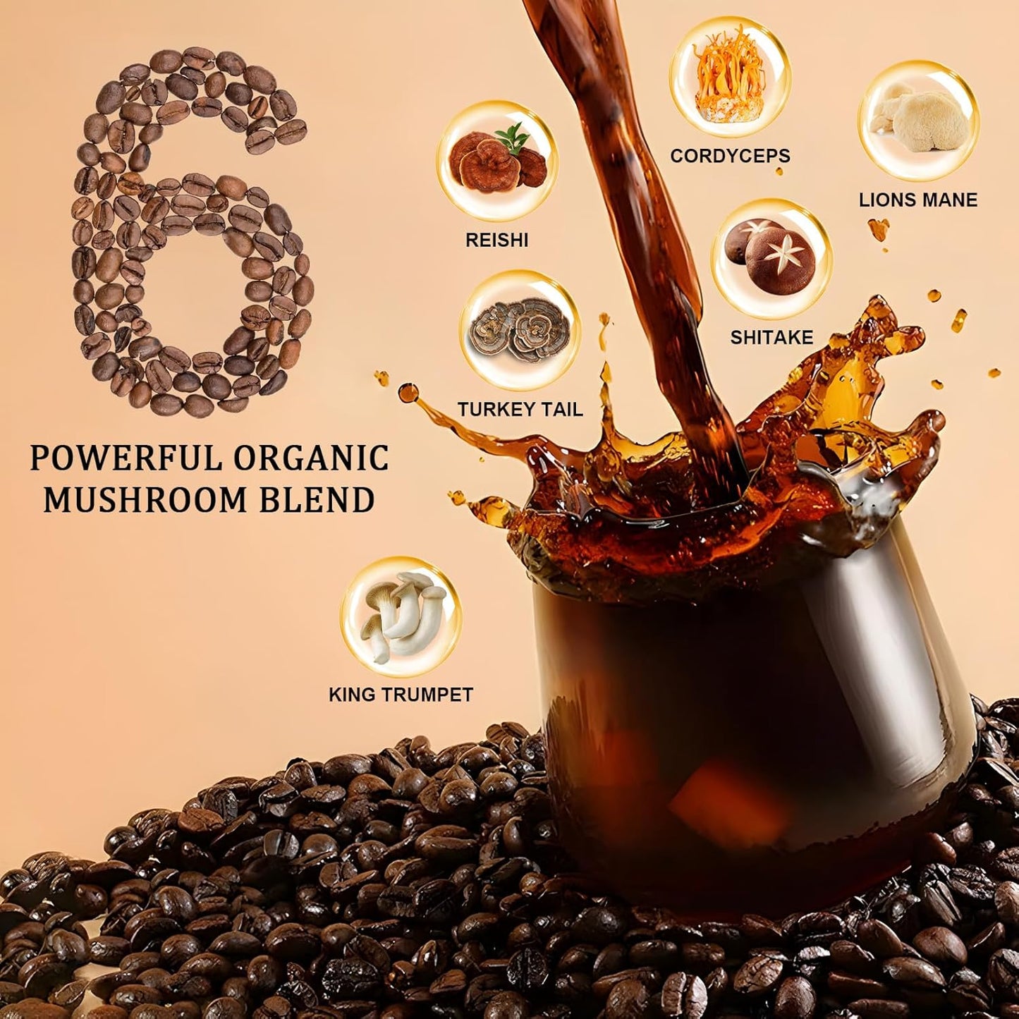 Organic Mushroom Coffee Blend with Lion's Mane, Reishi, Cordyceps, Shitake, King Trumpet & Turkey Tail for Energy, Digestion & Immune Support - 30 Servings