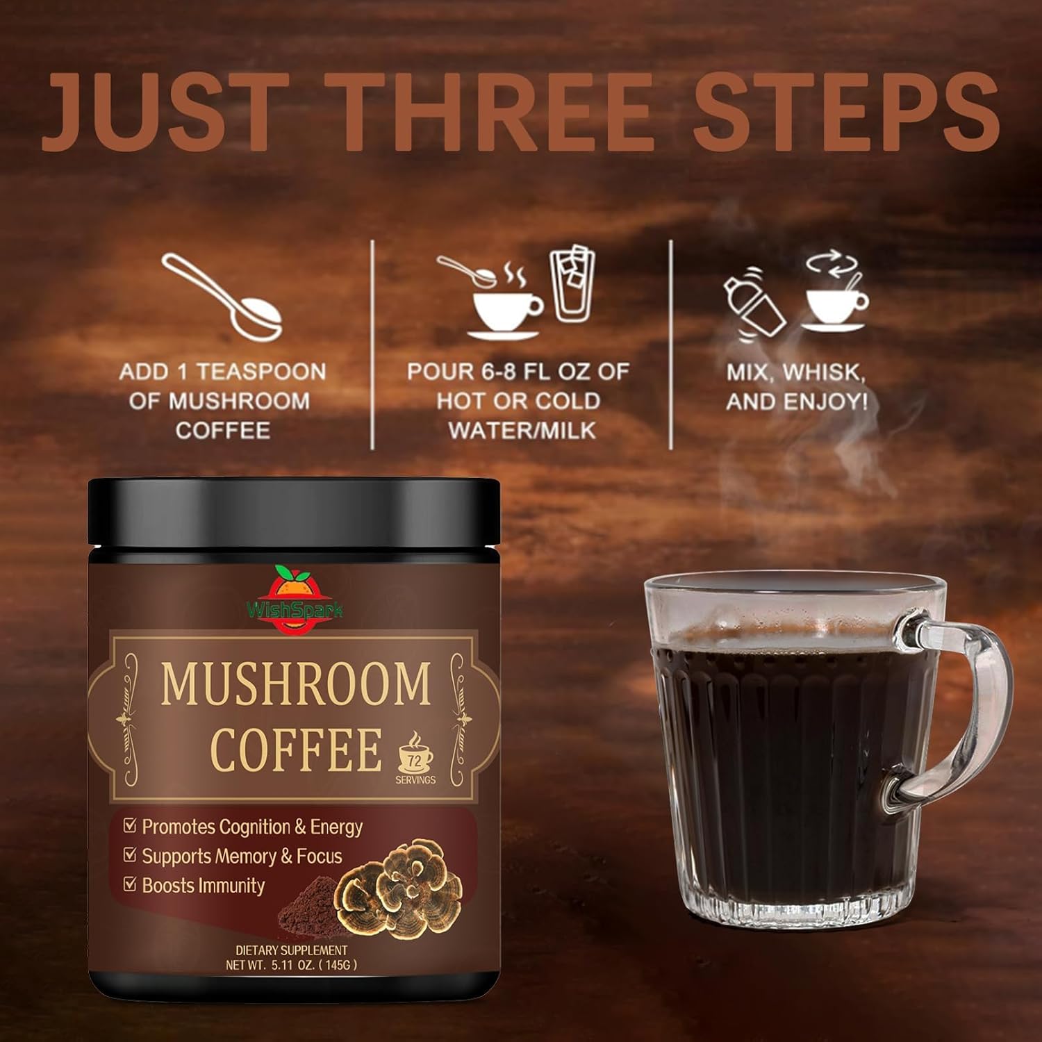 Organic Mushroom Coffee Blend with Lion's Mane, Reishi, Cordyceps, Chaga & Turkey Tail - Gut Health, Immunity & Brain Boost - 5.11 oz