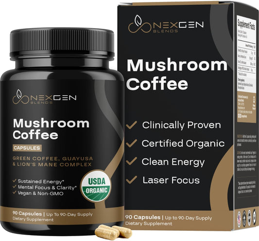 Organic Mushroom Coffee Capsules with Green Coffee Bean & Guayusa Extracts - Natural Energy Supplement for Focus & Alertness (90 Servings)