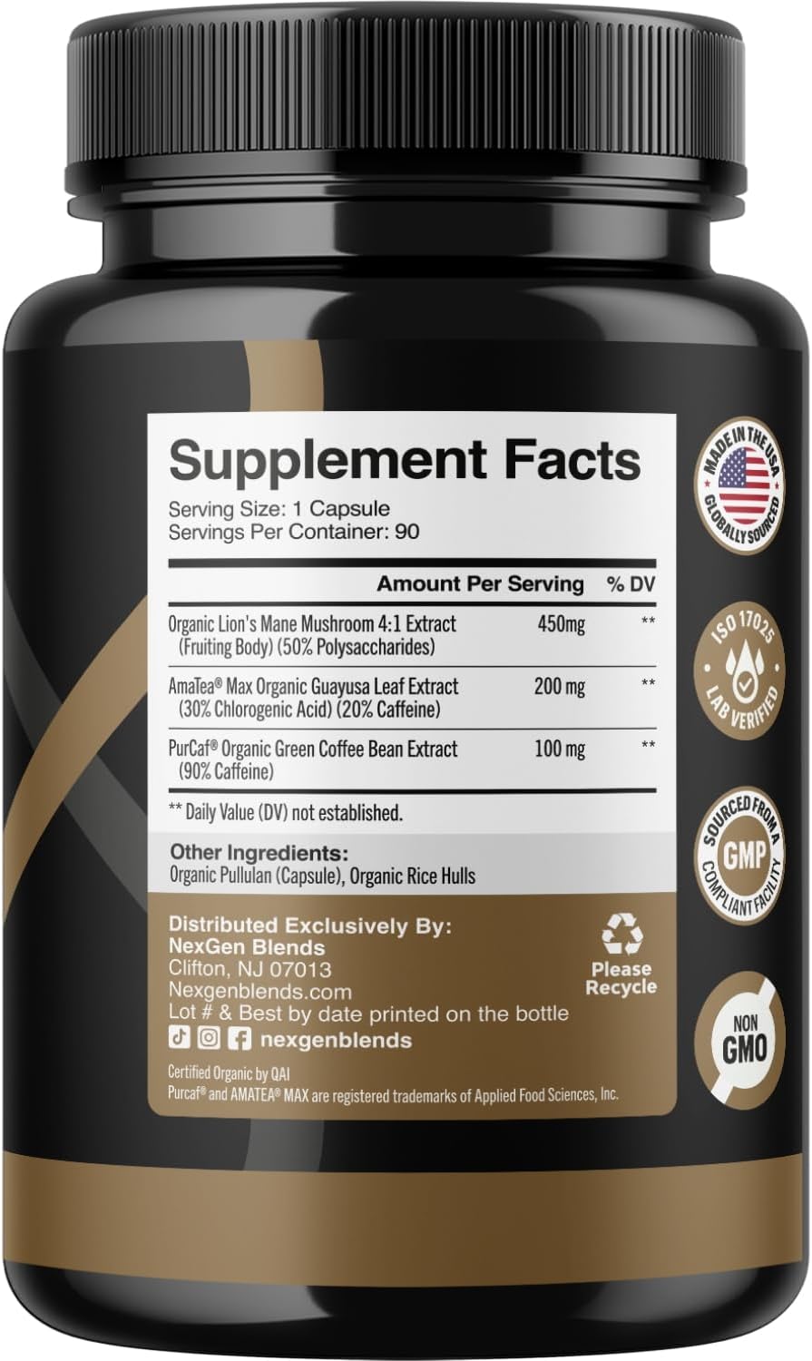 Organic Mushroom Coffee Capsules with Green Coffee Bean & Guayusa Extracts - Natural Energy Supplement for Focus & Alertness (90 Servings)