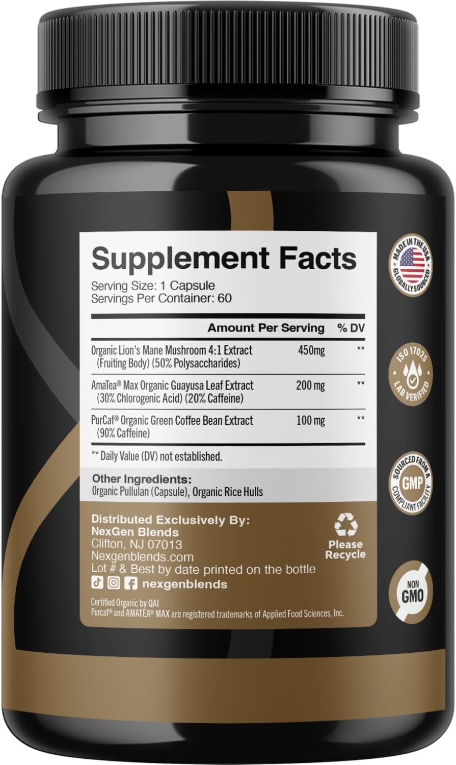 Organic Mushroom Coffee Capsules with Green Coffee Bean & Guayusa Extracts - Natural Energy Supplement for Focus (60 Servings)
