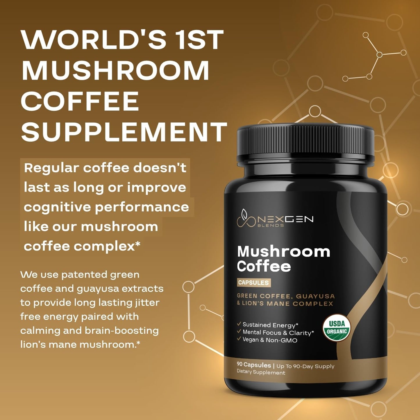 Organic Mushroom Coffee Capsules with Green Coffee Bean & Guayusa Extracts - Natural Energy Supplement for Focus & Alertness (90 Servings)