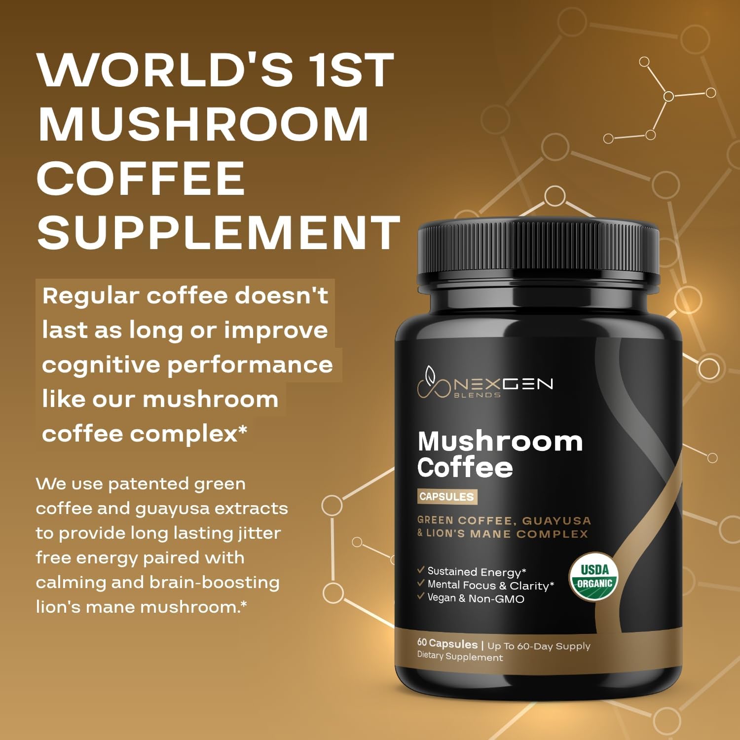 Organic Mushroom Coffee Capsules with Green Coffee Bean & Guayusa Extracts - Natural Energy Supplement for Focus (60 Servings)