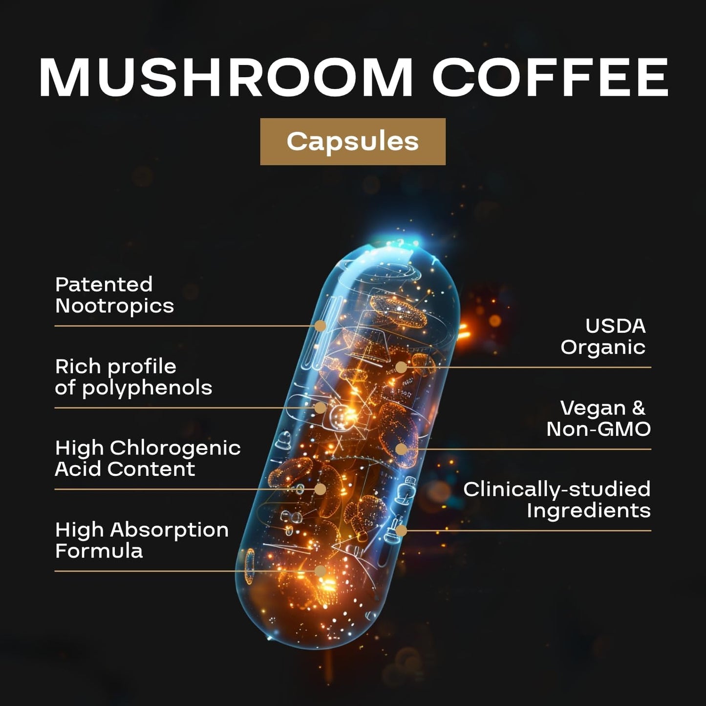 Organic Mushroom Coffee Capsules with Green Coffee Bean & Guayusa Extracts - Natural Energy Supplement for Focus (60 Servings)