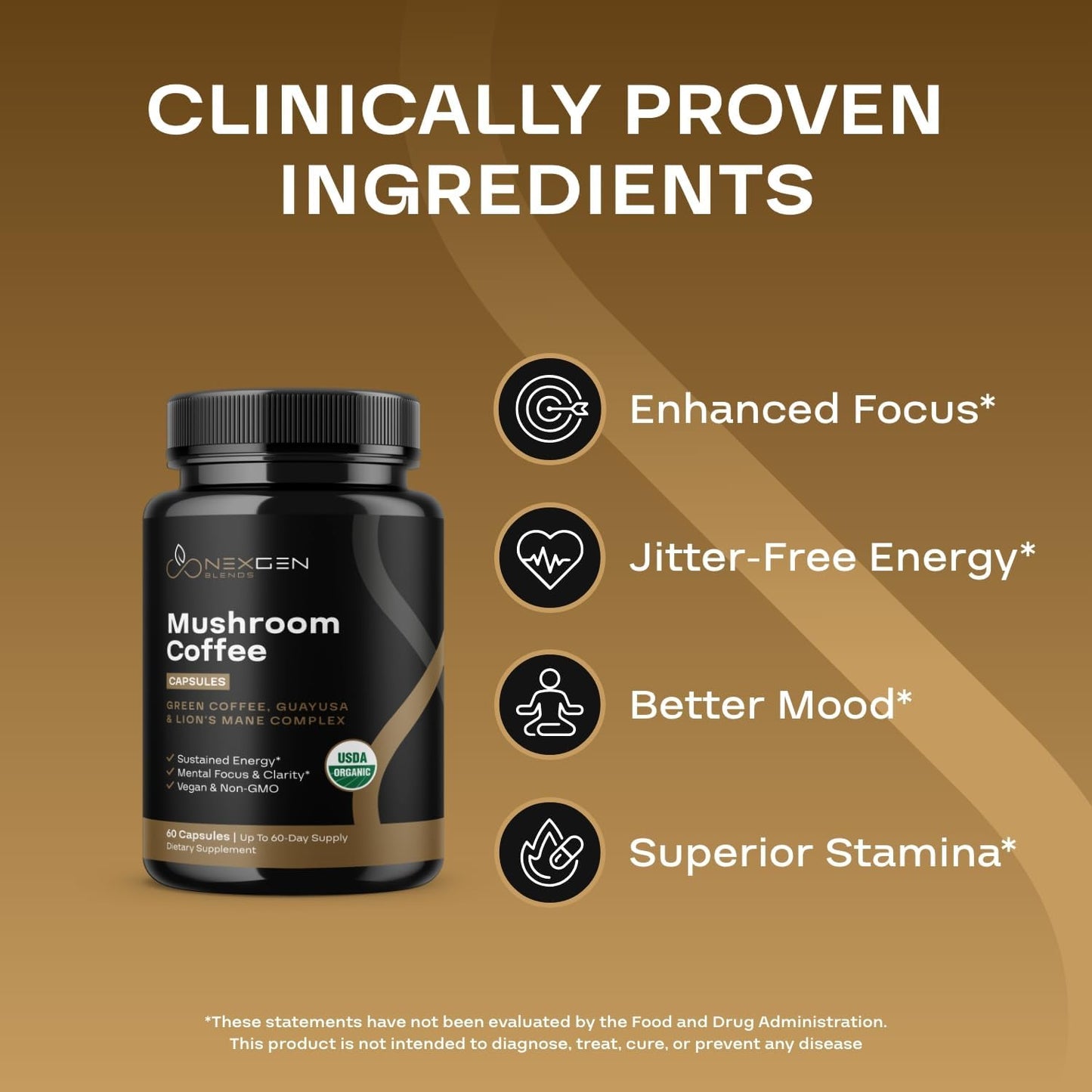 Organic Mushroom Coffee Capsules with Green Coffee Bean & Guayusa Extracts - Natural Energy Supplement for Focus (60 Servings)