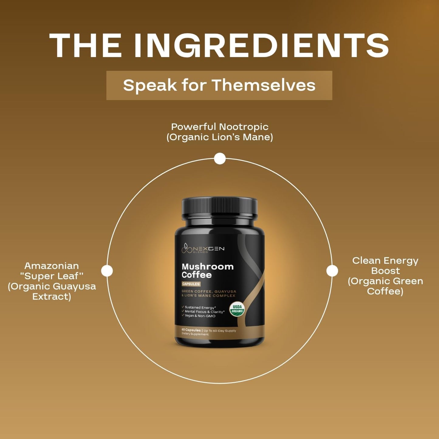 Organic Mushroom Coffee Capsules with Green Coffee Bean & Guayusa Extracts - Natural Energy Supplement for Focus (60 Servings)