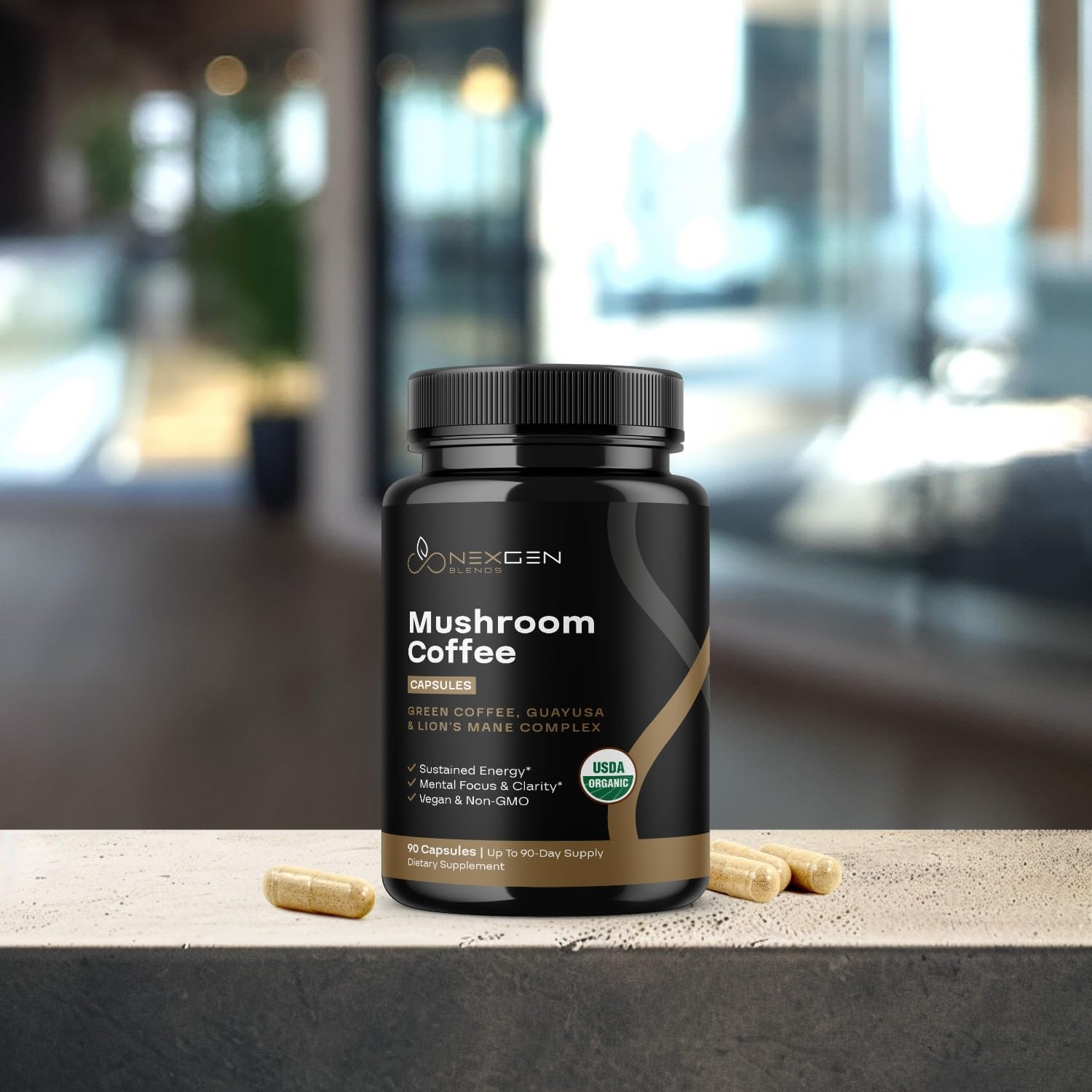 Organic Mushroom Coffee Capsules with Green Coffee Bean & Guayusa Extracts - Natural Energy Supplement for Focus & Alertness (90 Servings)