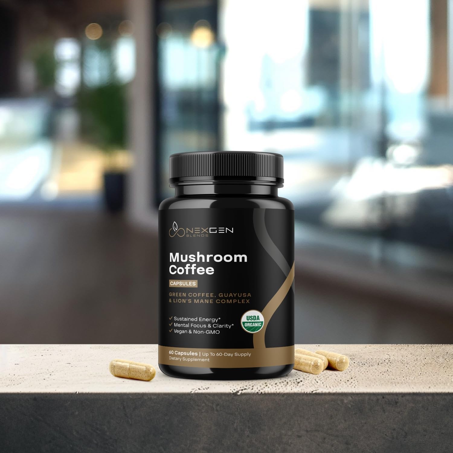 Organic Mushroom Coffee Capsules with Green Coffee Bean & Guayusa Extracts - Natural Energy Supplement for Focus (60 Servings)