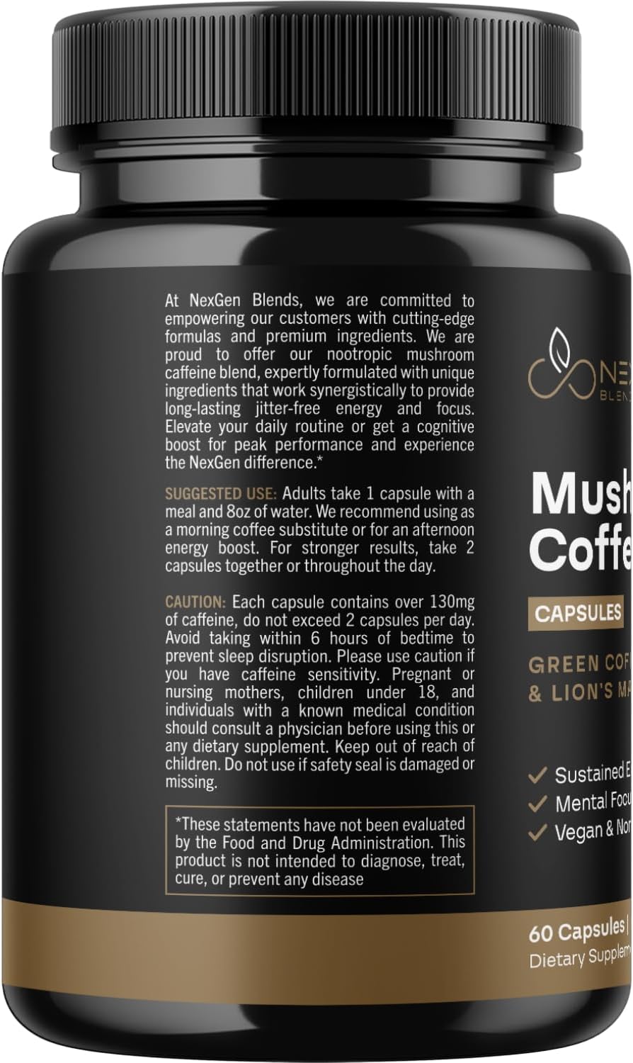 Organic Mushroom Coffee Capsules with Green Coffee Bean & Guayusa Extracts - Natural Energy Supplement for Focus (60 Servings)