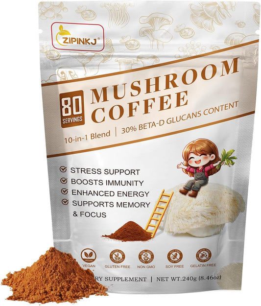 Organic Mushroom Coffee Powder (80 Servings) with Lion's Mane, Cordyceps, Reishi, Chaga - Natural Ingredients for Focus, Immunity, and Gut Health