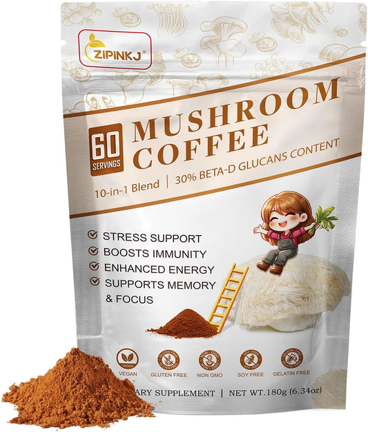 Organic Mushroom Coffee Powder Supplement with Lion's Mane, Cordyceps, Reishi, Chaga - 60 Servings for Focus, Immunity, and Gut Health