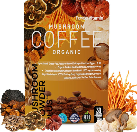 Organic Mushroom Coffee with Grass-Fed Collagen, Beta-Glucans, and Vitamins for Energy, Focus, and Immunity - 30 Servings