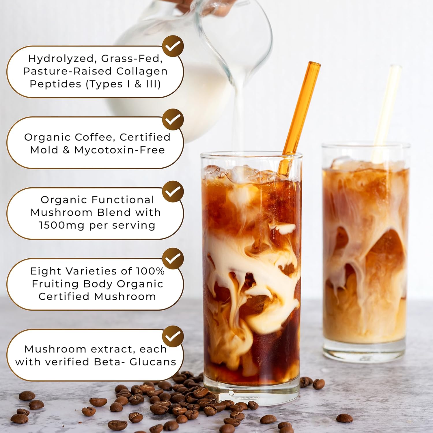 Organic Mushroom Coffee with Grass-Fed Collagen, Beta-Glucans, and Vitamins for Energy, Focus, and Immunity - 30 Servings