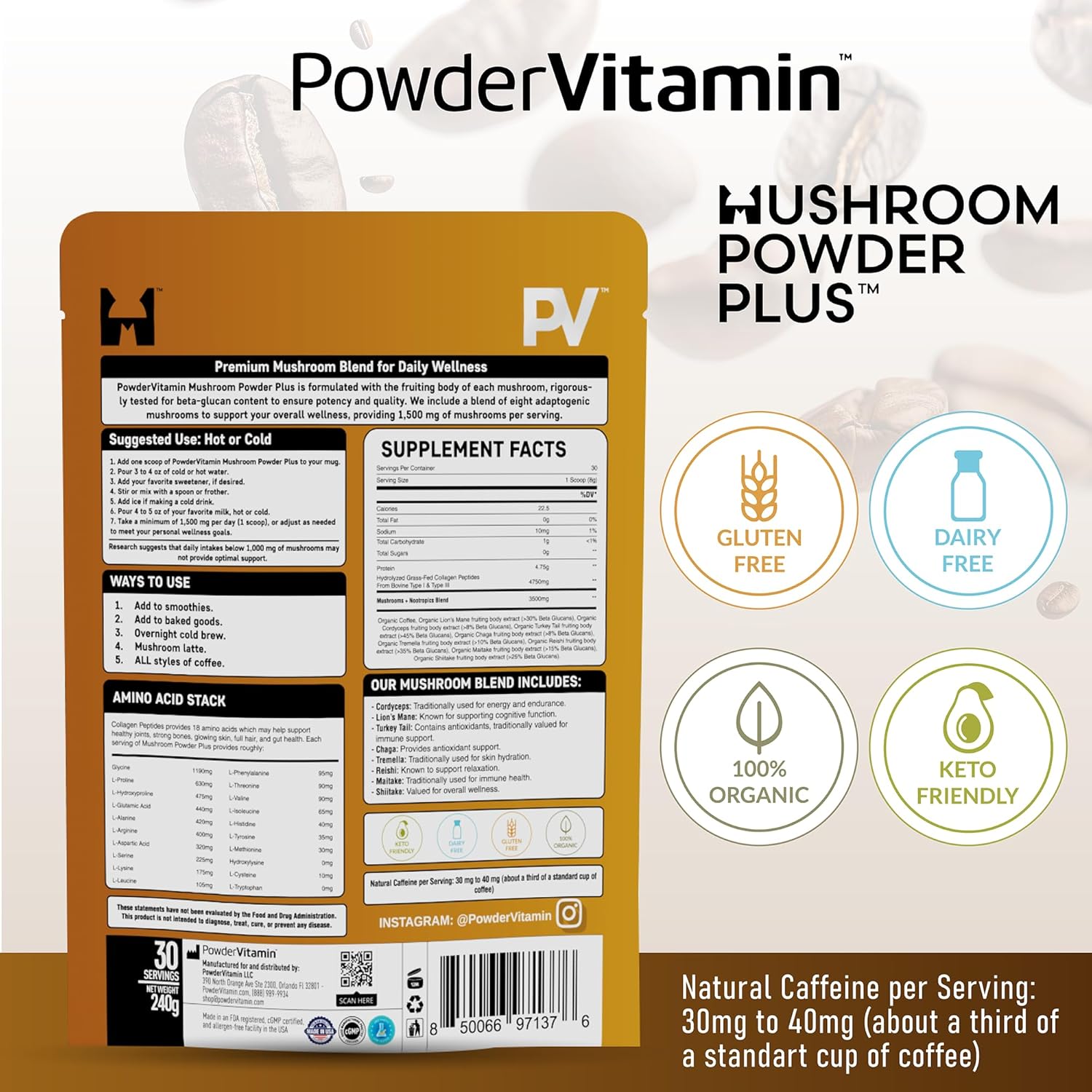 Organic Mushroom Coffee with Grass-Fed Collagen, Beta-Glucans, and Vitamins for Energy, Focus, and Immunity - 30 Servings