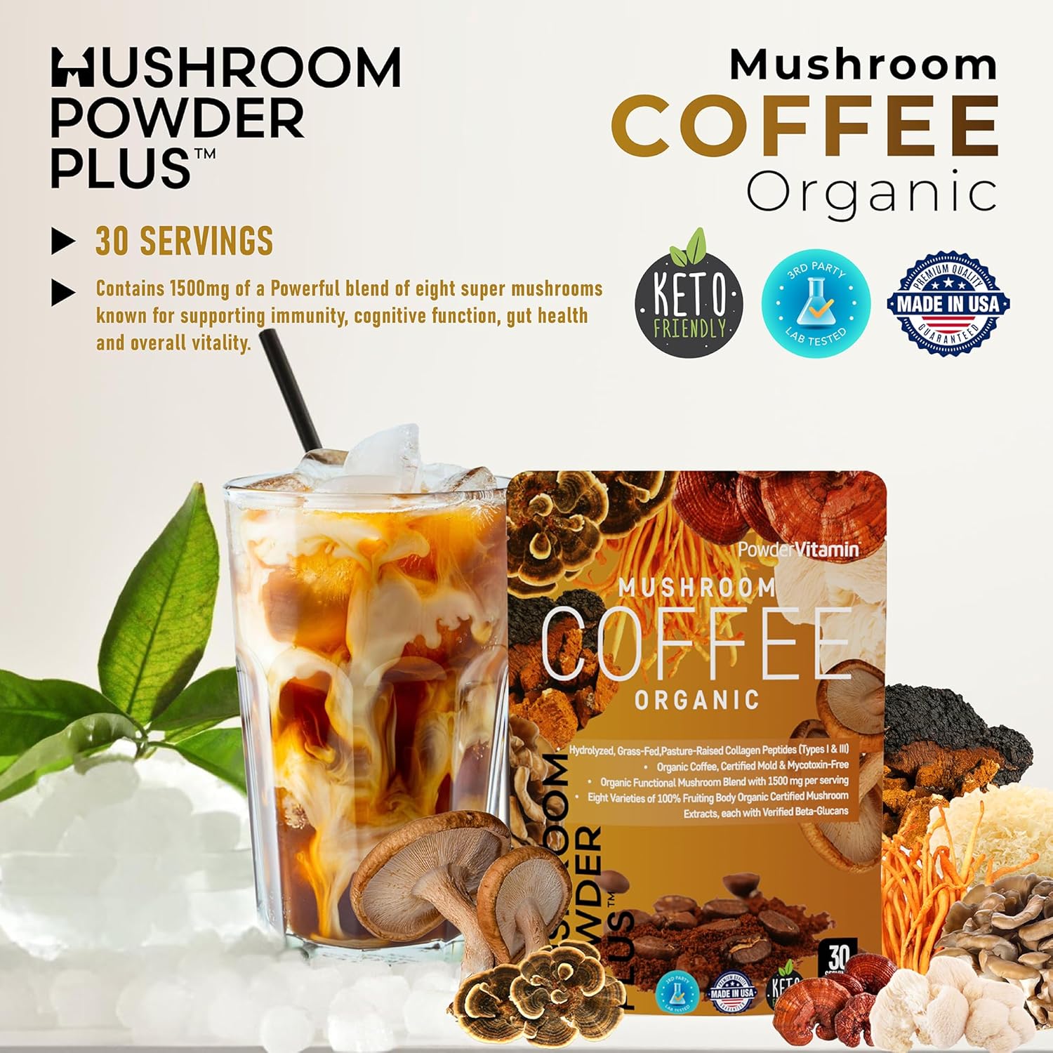 Organic Mushroom Coffee with Grass-Fed Collagen, Beta-Glucans, and Vitamins for Energy, Focus, and Immunity - 30 Servings