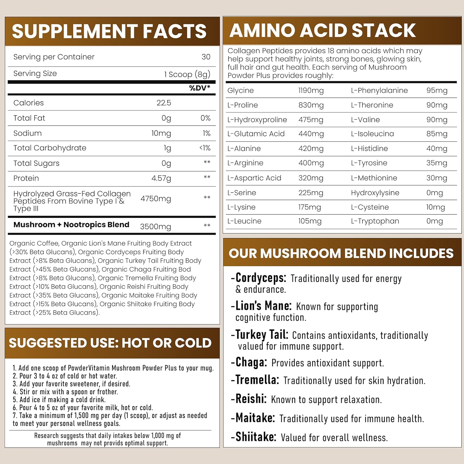 Organic Mushroom Coffee with Grass-Fed Collagen, Beta-Glucans, and Vitamins for Energy, Focus, and Immunity - 30 Servings