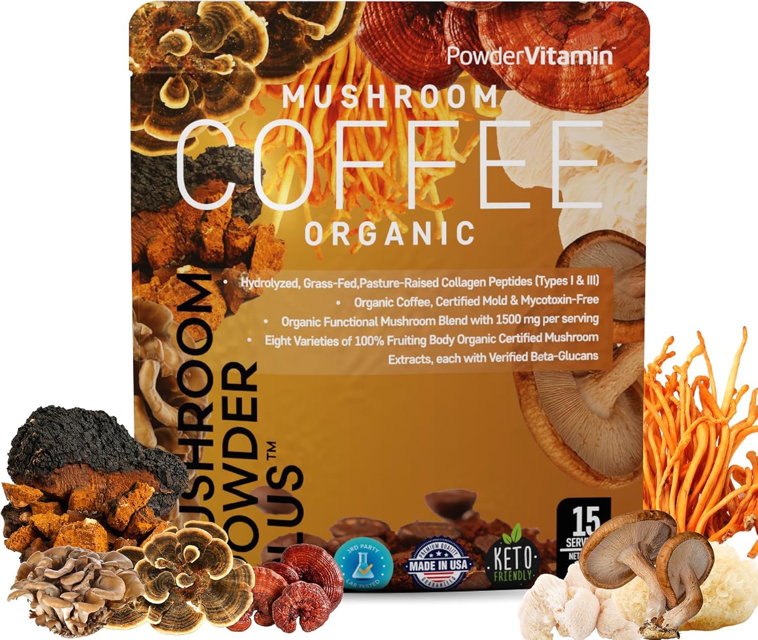 Organic Mushroom Coffee with GrassFed Collagen, 8 Fruiting Body Mushrooms, Tested for BetaGlucans - Boost Focus, Energy, Digestion, and Immunity - 15 Servings