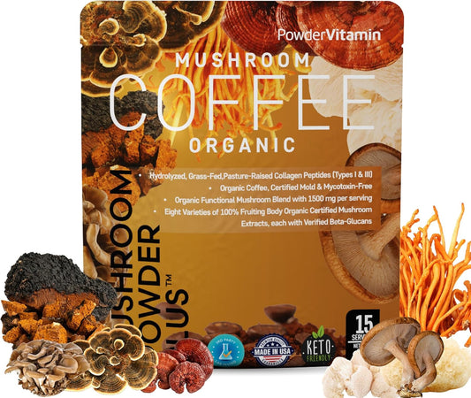 Organic Mushroom Coffee with GrassFed Collagen, 8 Fruiting Body Mushrooms, Tested for BetaGlucans - Boost Focus, Energy, Digestion, and Immunity - 15 Servings