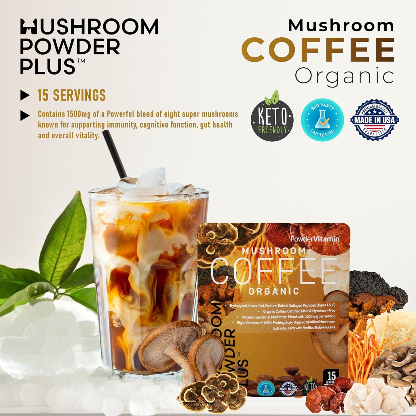 Organic Mushroom Coffee with GrassFed Collagen, 8 Fruiting Body Mushrooms, Tested for BetaGlucans - Boost Focus, Energy, Digestion, and Immunity - 15 Servings