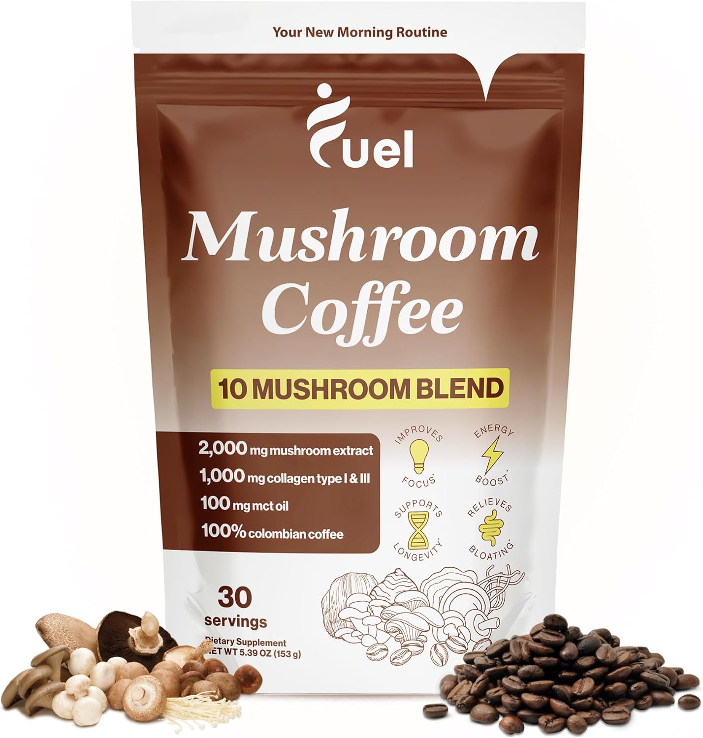 Organic Mushroom Coffee with Lion's Mane & Chaga for Brain Boost and Gut Health, Low Caffeine Nootropic Drink - 30 Servings