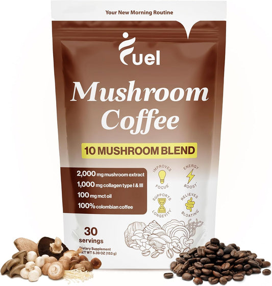 Organic Mushroom Coffee with Lion's Mane & Chaga for Brain Boost and Gut Health, Low Caffeine Nootropic Drink - 30 Servings