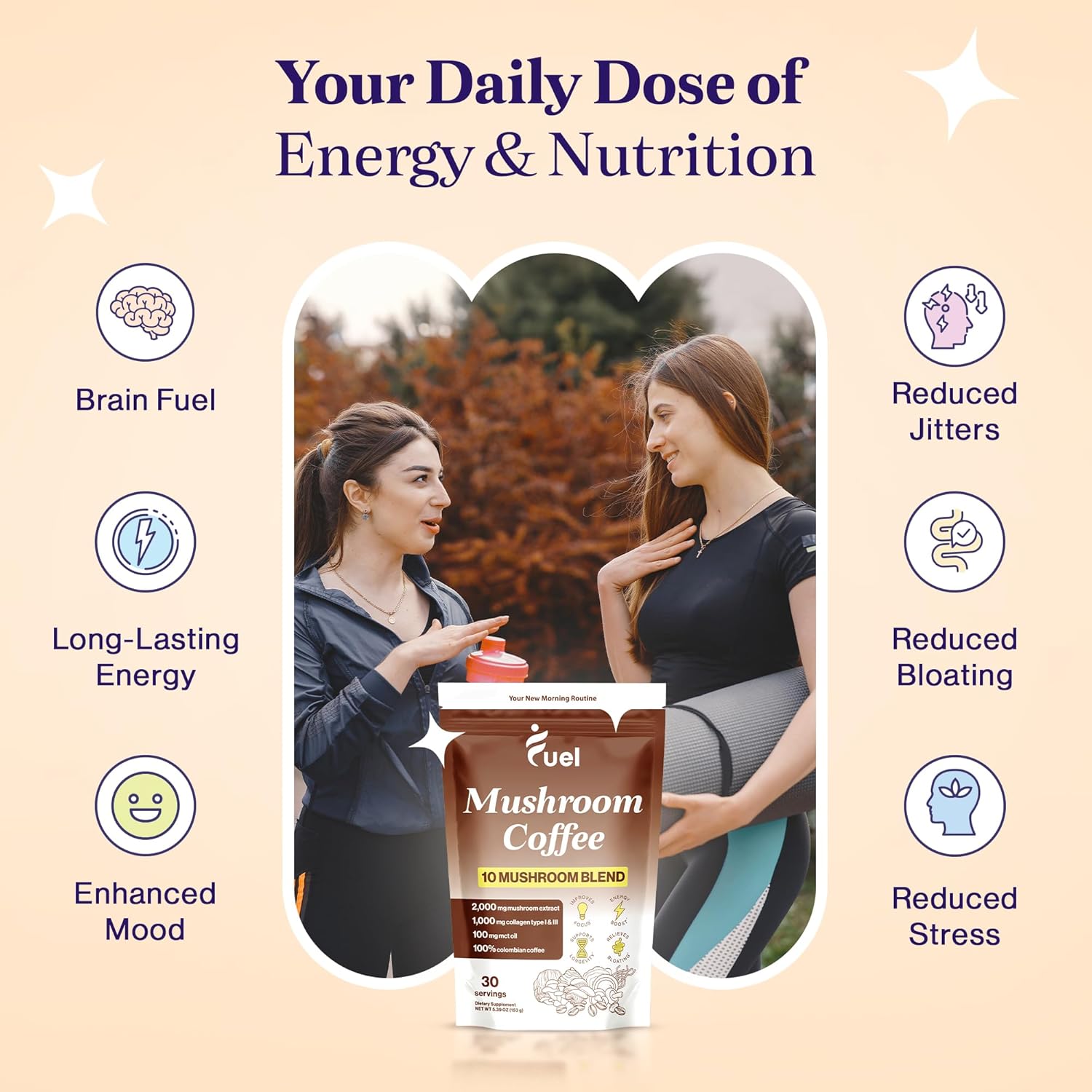 Organic Mushroom Coffee with Lion's Mane & Chaga for Brain Boost and Gut Health, Low Caffeine Nootropic Drink - 30 Servings