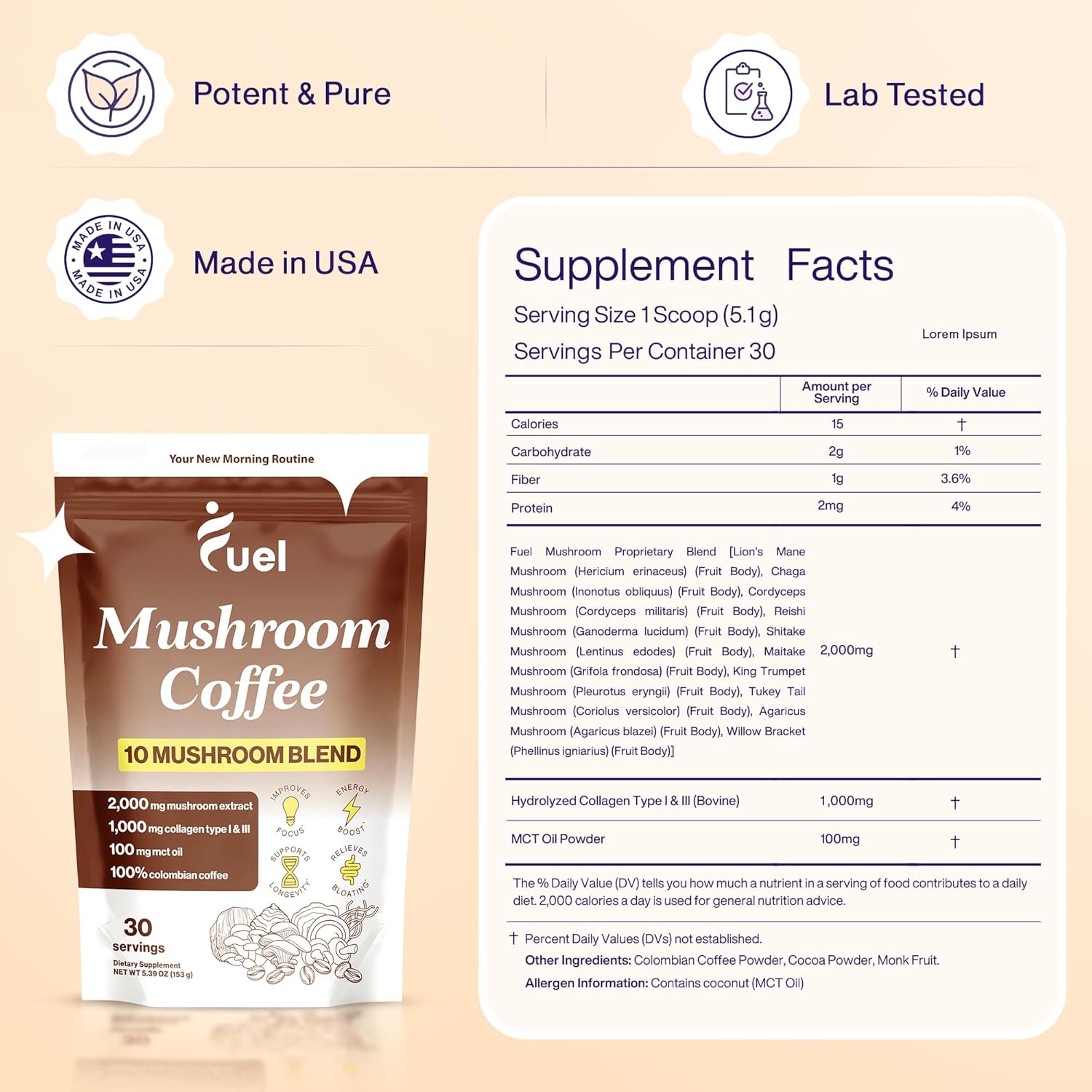 Organic Mushroom Coffee with Lion's Mane & Chaga for Brain Boost and Gut Health, Low Caffeine Nootropic Drink - 30 Servings