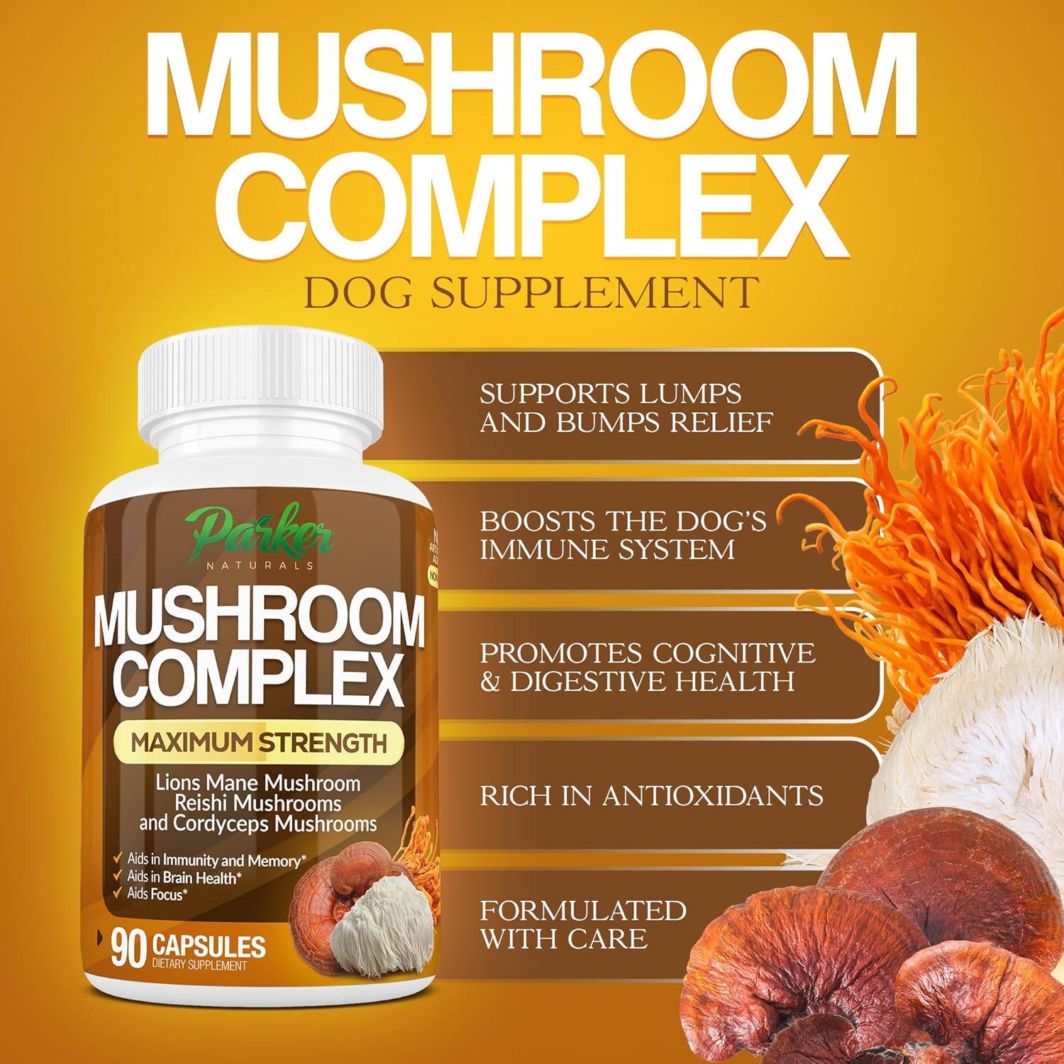 Organic Mushroom Complex Capsules - Lions Mane, Cordyceps, Reishi - Premium Strength Supplement, 90 Capsules