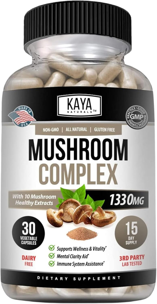 Organic Mushroom Complex Capsules 1995mg - Boost Mental Clarity, Immune System & Vitality | Kaya Naturals Premium Supplement | 30 Count