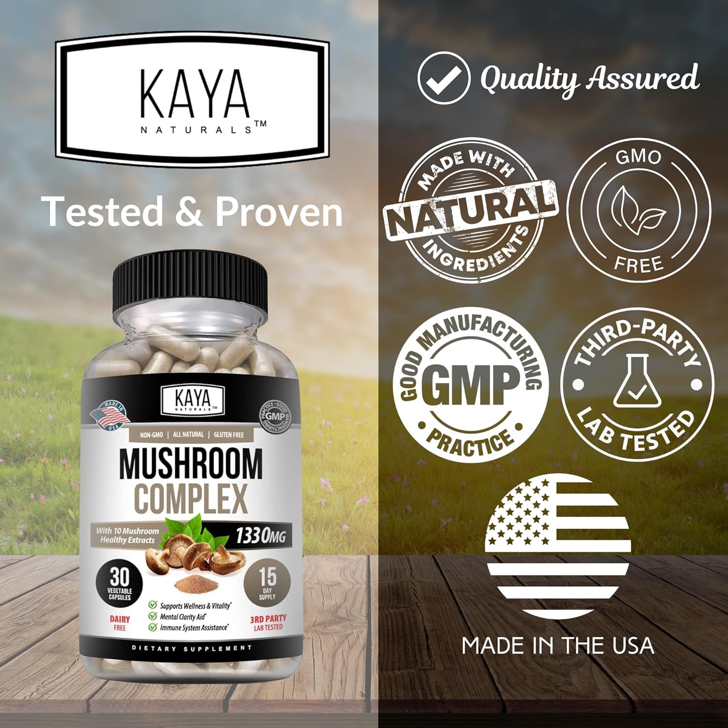 Organic Mushroom Complex Capsules 1995mg - Boost Mental Clarity, Immune System & Vitality | Kaya Naturals Premium Supplement | 30 Count