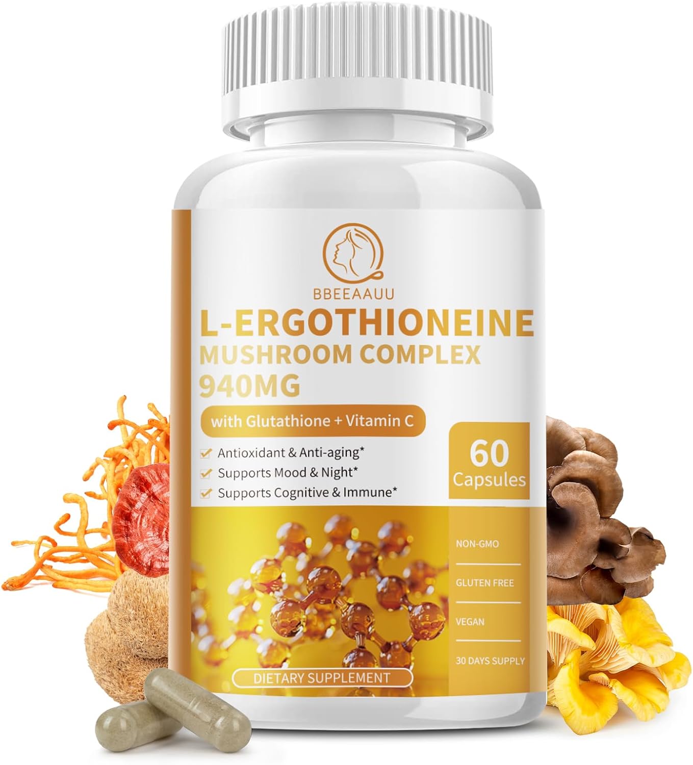 Organic Mushroom Complex Capsules with L-Ergothioneine 5MG, Glutathione 150MG - Immune Support & Brain Supplement, Vegan - 60 Count
