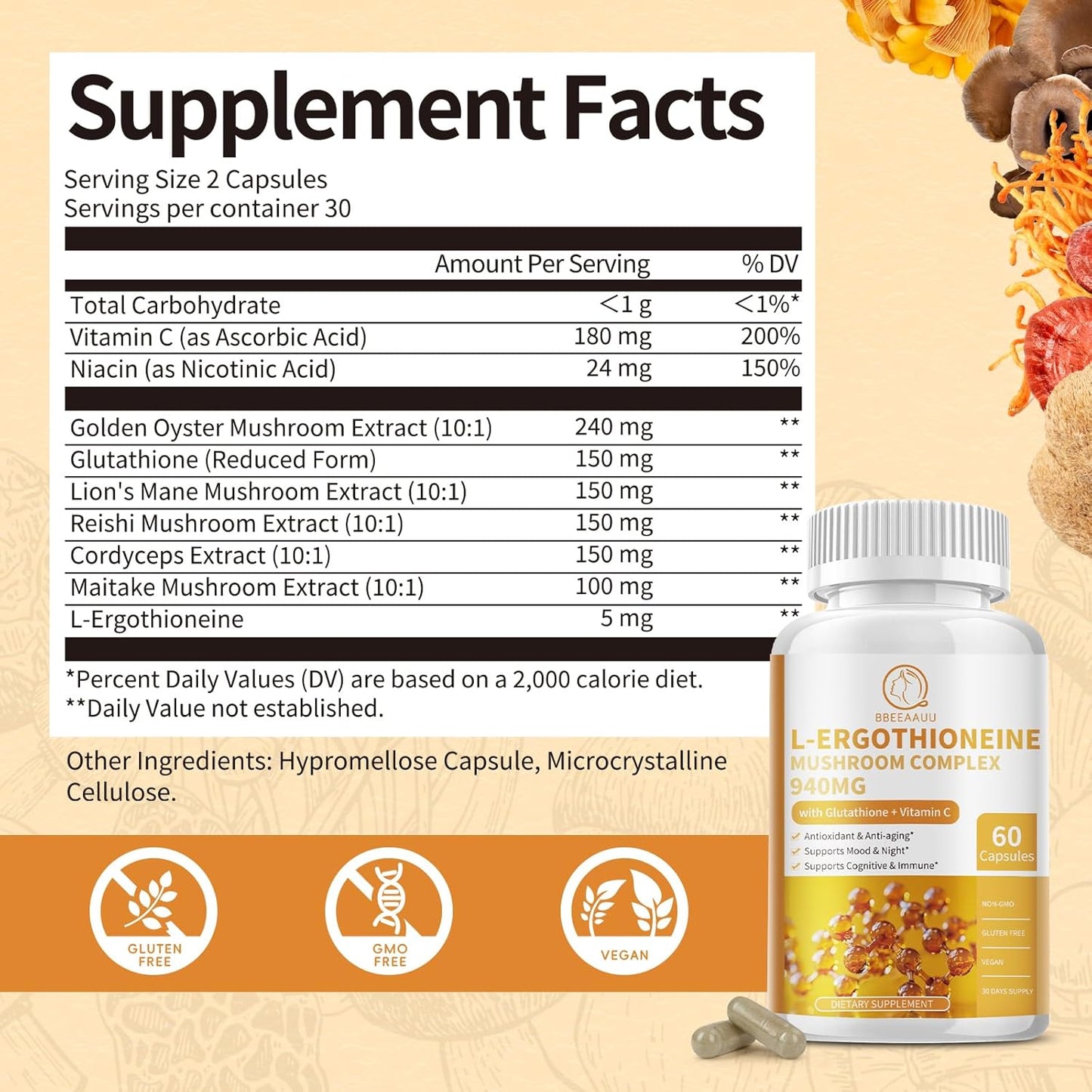 Organic Mushroom Complex Capsules with L-Ergothioneine 5MG, Glutathione 150MG - Immune Support & Brain Supplement, Vegan - 60 Count