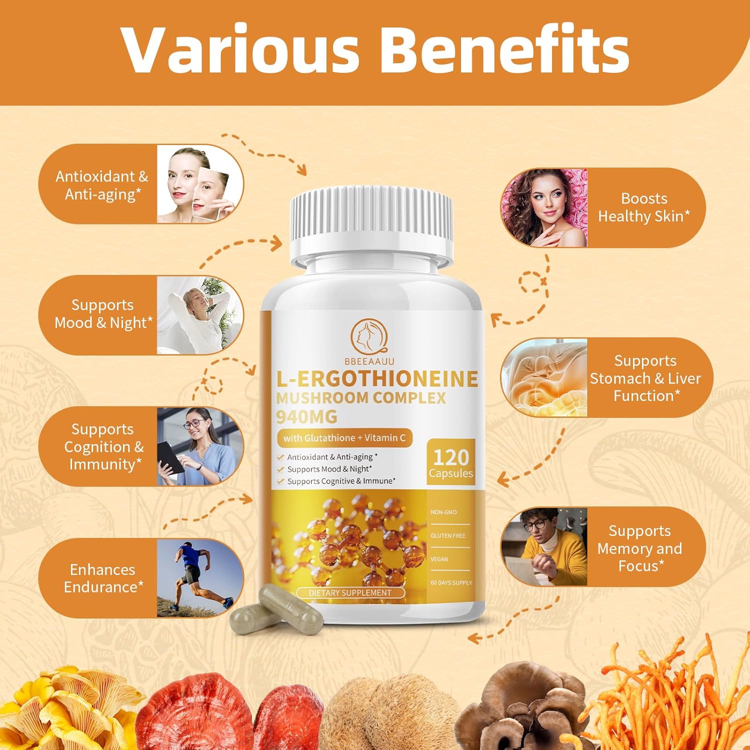 Organic Mushroom Complex Capsules with L-Ergothioneine 5MG, Glutathione 150MG - Immune Support & Brain Supplement, Vegan - 60 Count