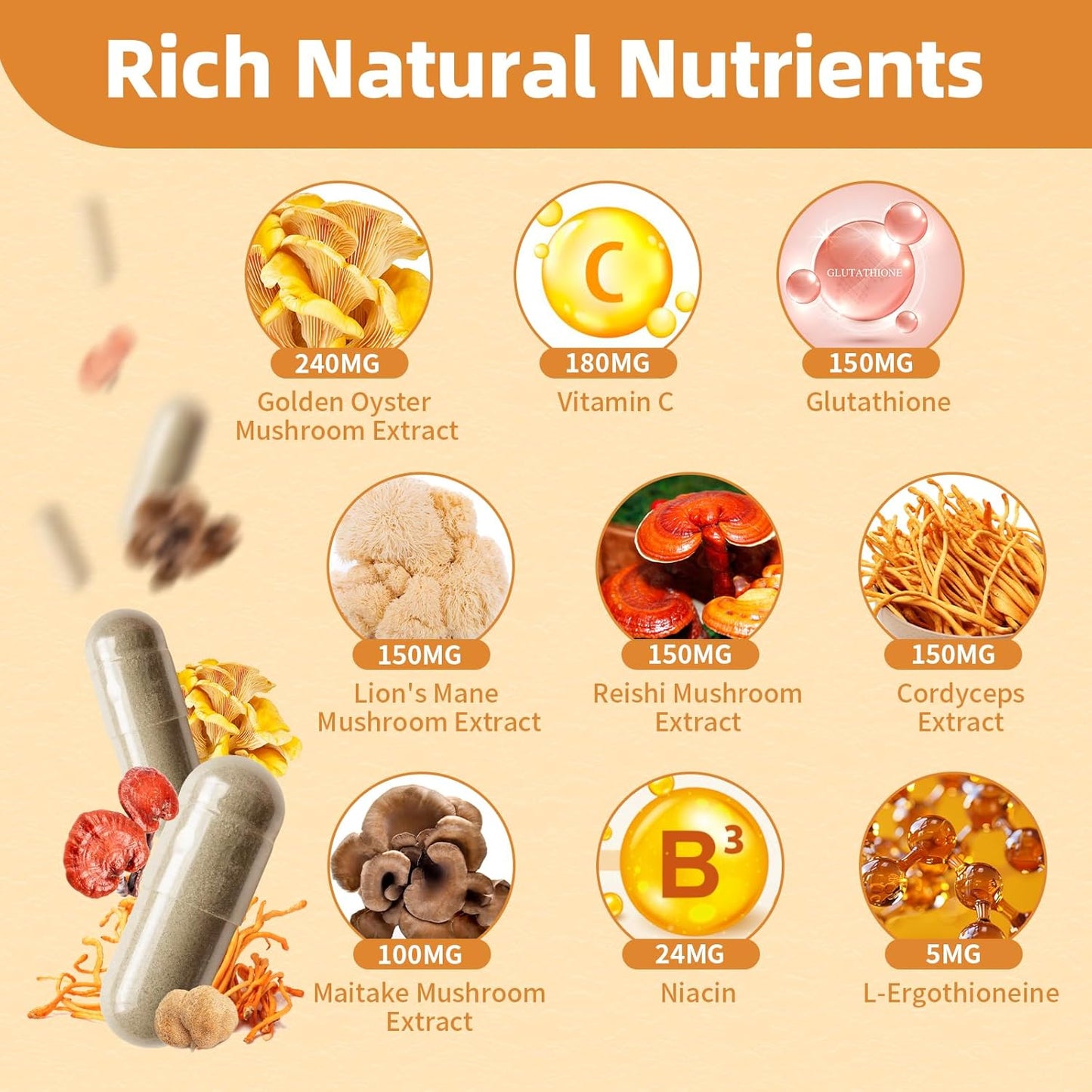 Organic Mushroom Complex Capsules with L-Ergothioneine 5MG, Glutathione 150MG - Immune Support & Brain Supplement, Vegan - 60 Count