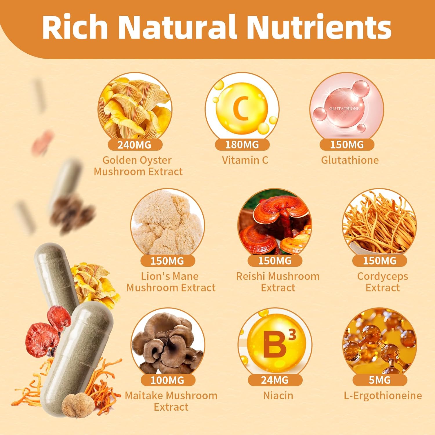 Organic Mushroom Complex Capsules with L-Ergothioneine 5MG, Glutathione 150MG - Immune Support & Brain Supplement, Vegan - 60 Count