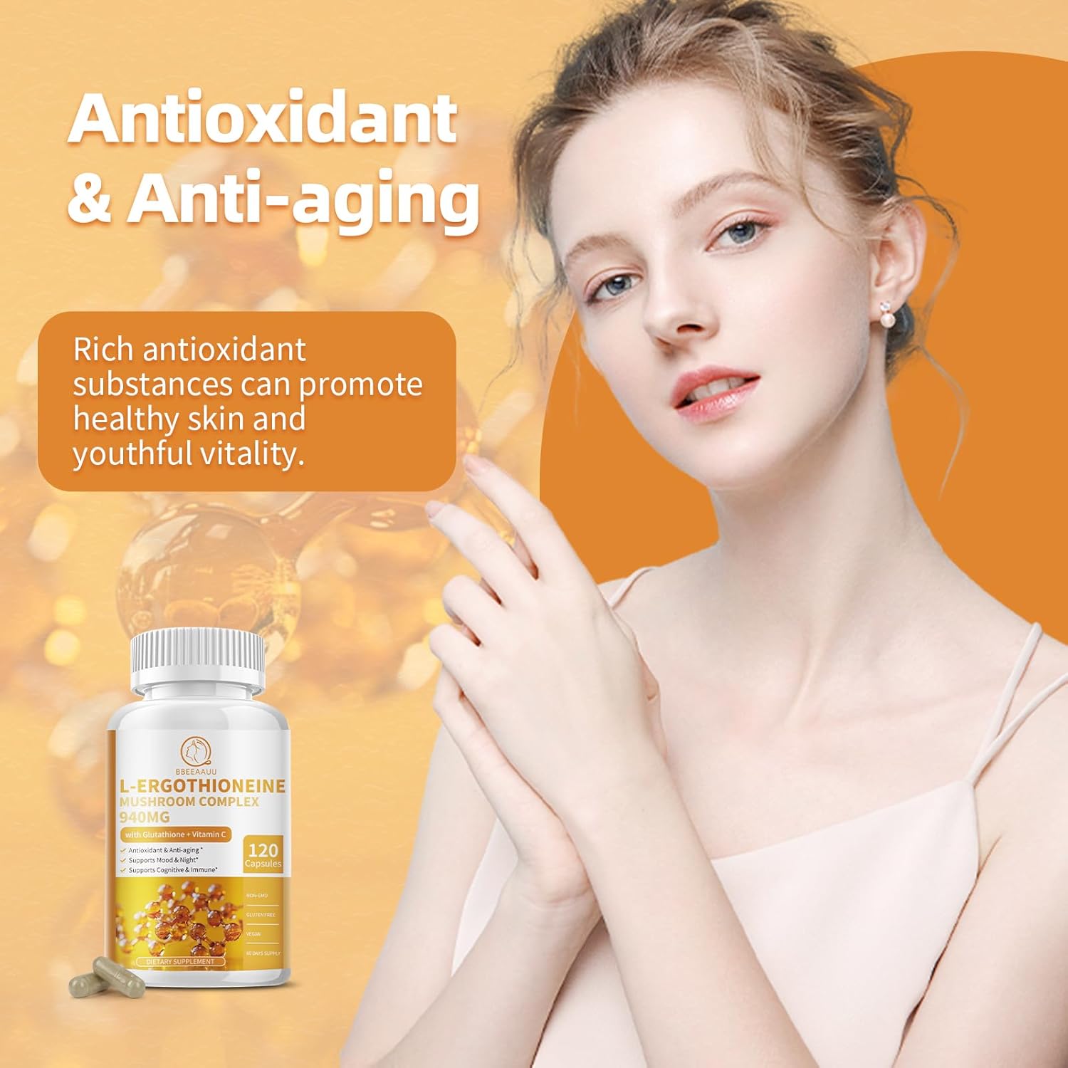 Organic Mushroom Complex Capsules with L-Ergothioneine 5MG, Glutathione 150MG - Immune Support & Brain Supplement, Vegan - 60 Count